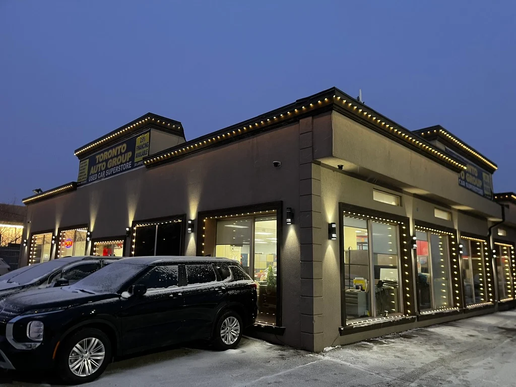 North York auto dealership with warm white permanent LED lighting installed by Toronto Glow