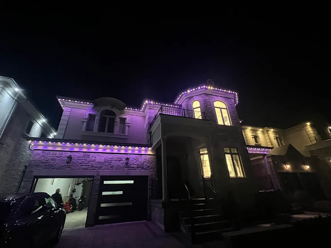 GTA home with permanent outdoor LED lighting in purple and white installed by Toronto Glow