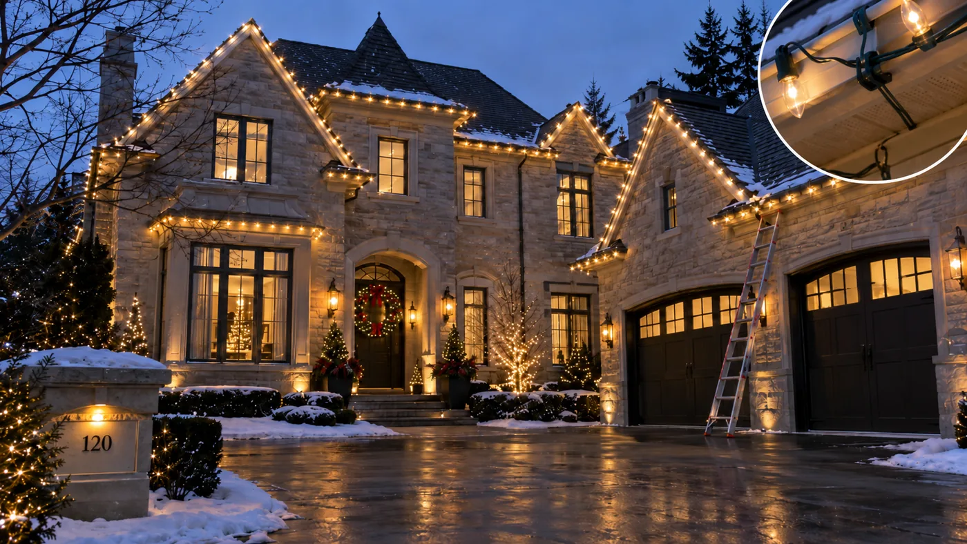 Toronto luxury home with professionally installed temporary Christmas lights along the roofline and landscaping