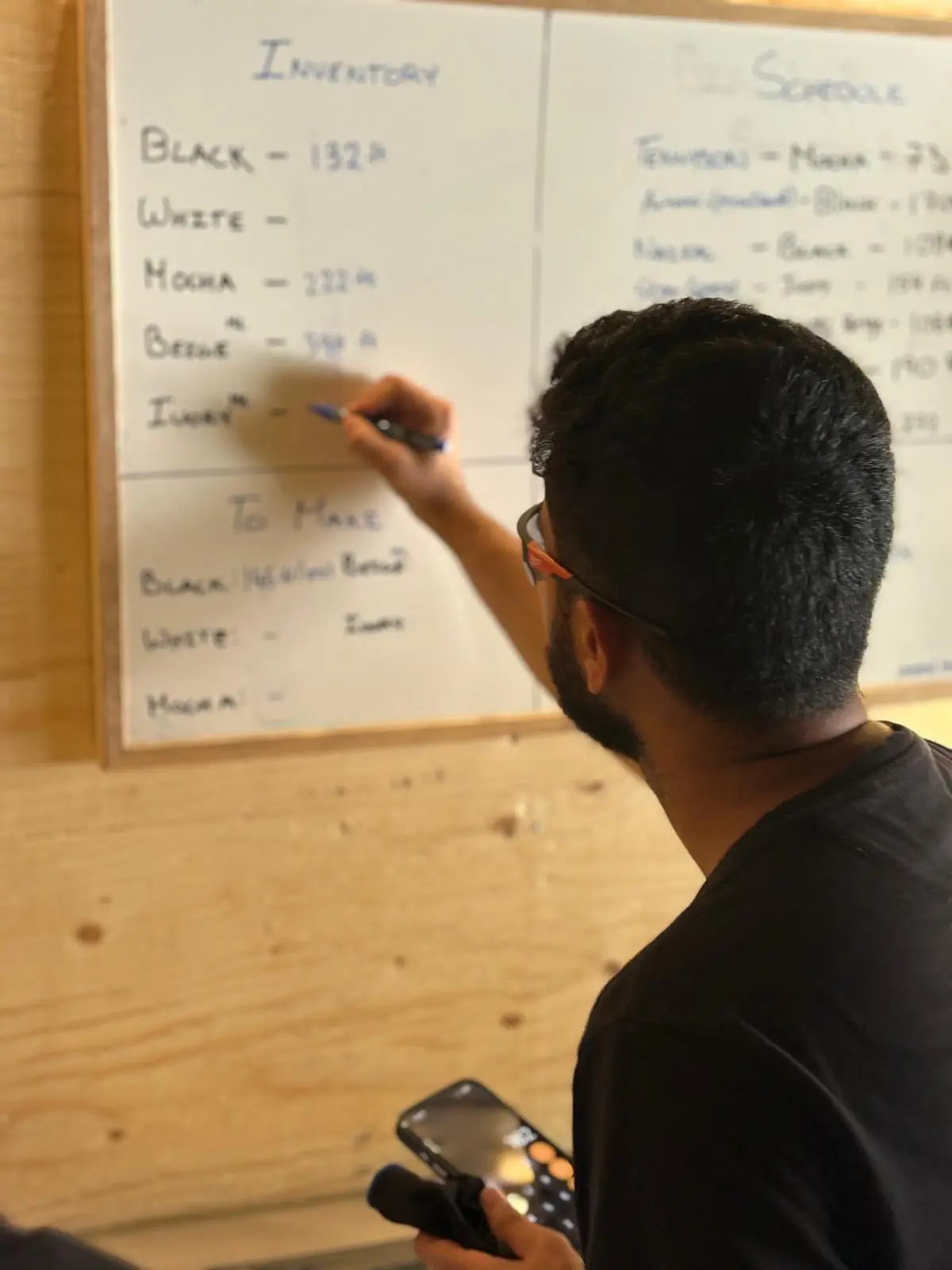 Toronto Glow team member updating inventory and schedule whiteboard