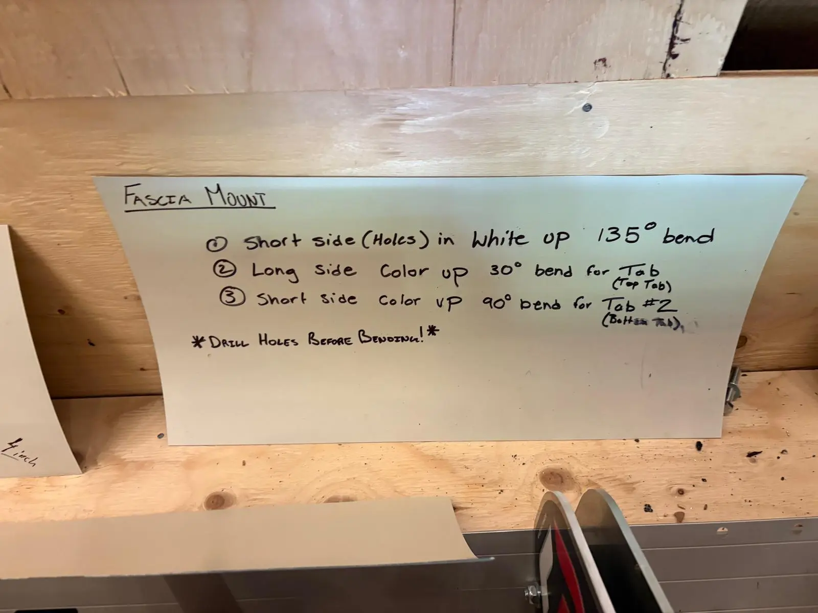 Fascia Mount bending instructions posted in the Toronto Glow fabrication shop