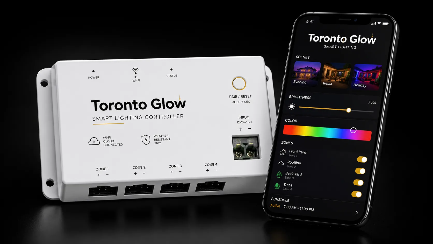 Toronto Glow smart lighting controller hub and smartphone app interface