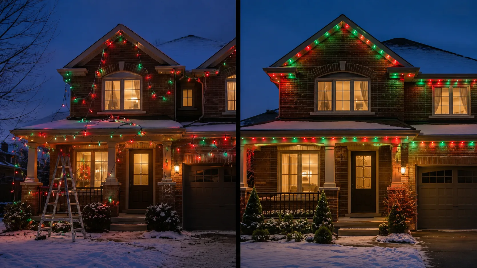 Side-by-side comparison of a GTA home — tangled DIY Christmas lights on a ladder on the left vs. sleek permanent smart LED lighting on the right.