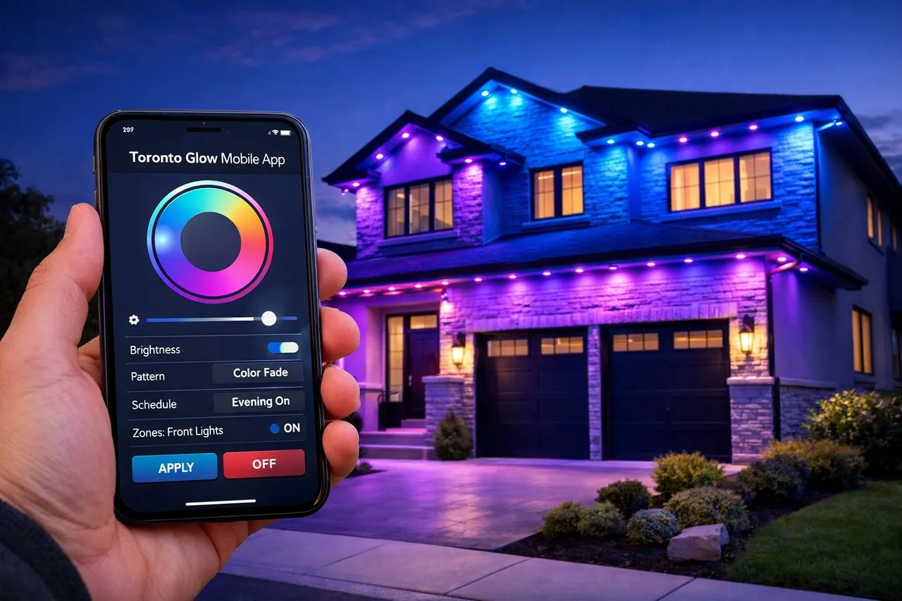 Toronto Glow mobile app controlling blue and purple permanent outdoor LED soffit lights on a home.